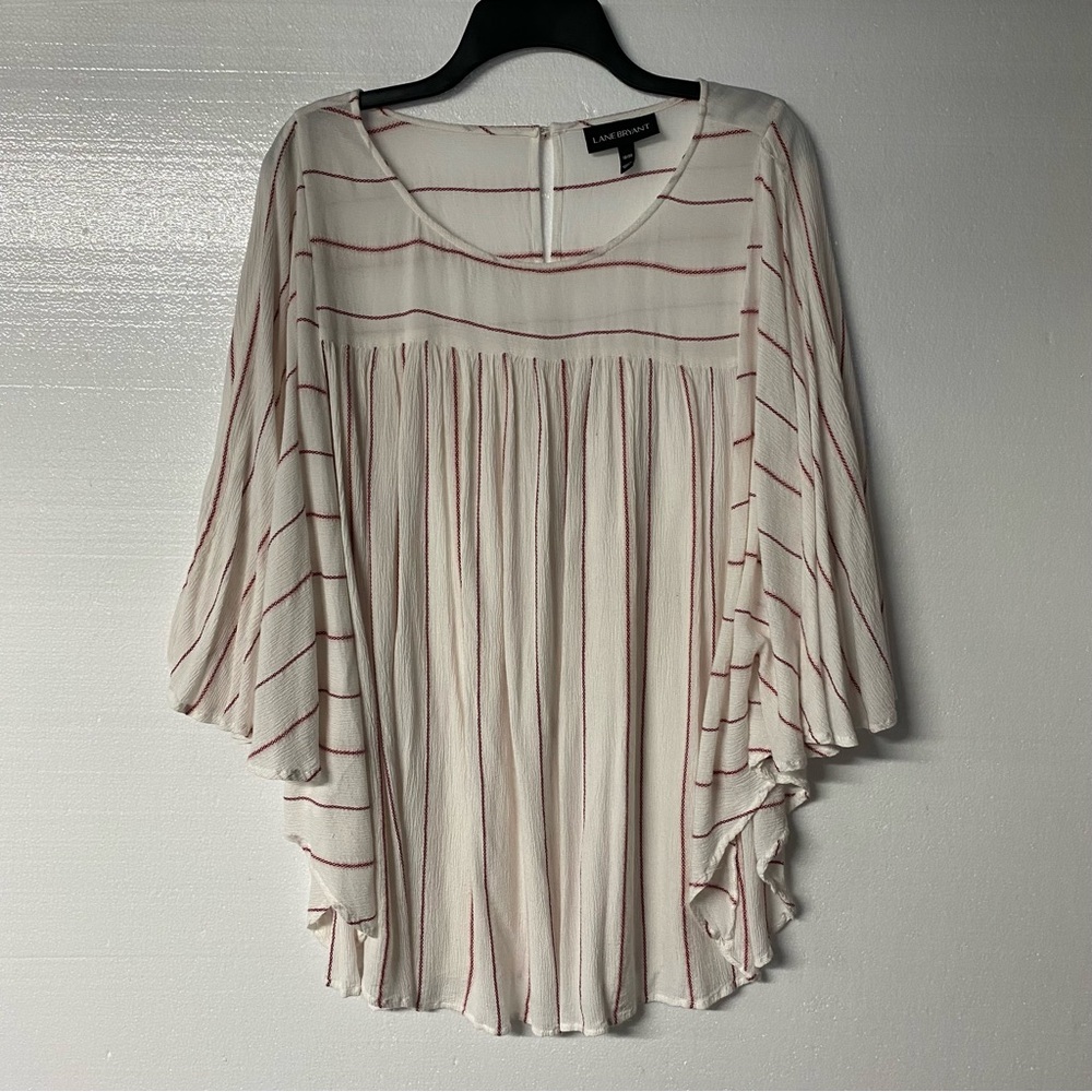 Lane Bryant Shirt Women 18/20 Ivory Red Flowy Cape Sleeves Keyhole Button Back